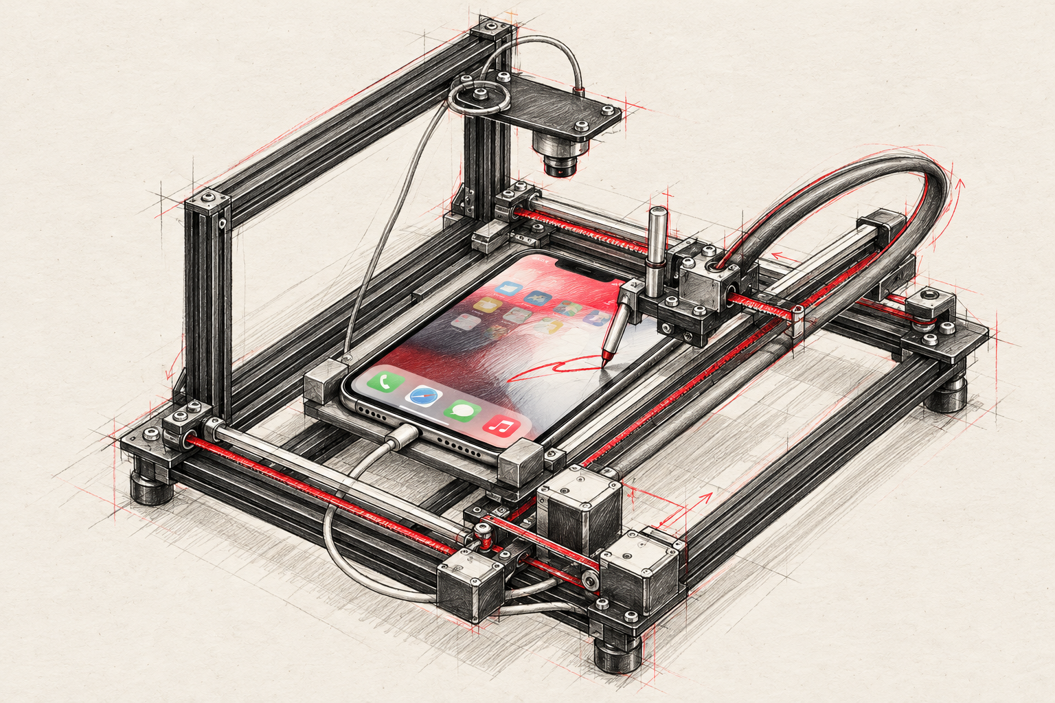 Rough ink and red-pencil concept of the iPhone robot